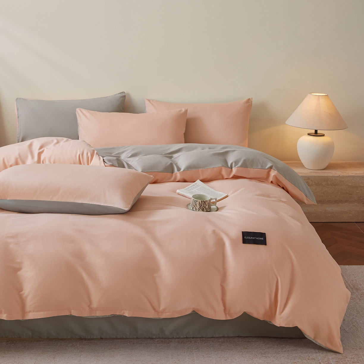 91家纺网 家纺一手货源 找家纺 寐眠 2026新款全棉纯棉纯色双拼四件套 珊瑚粉忆