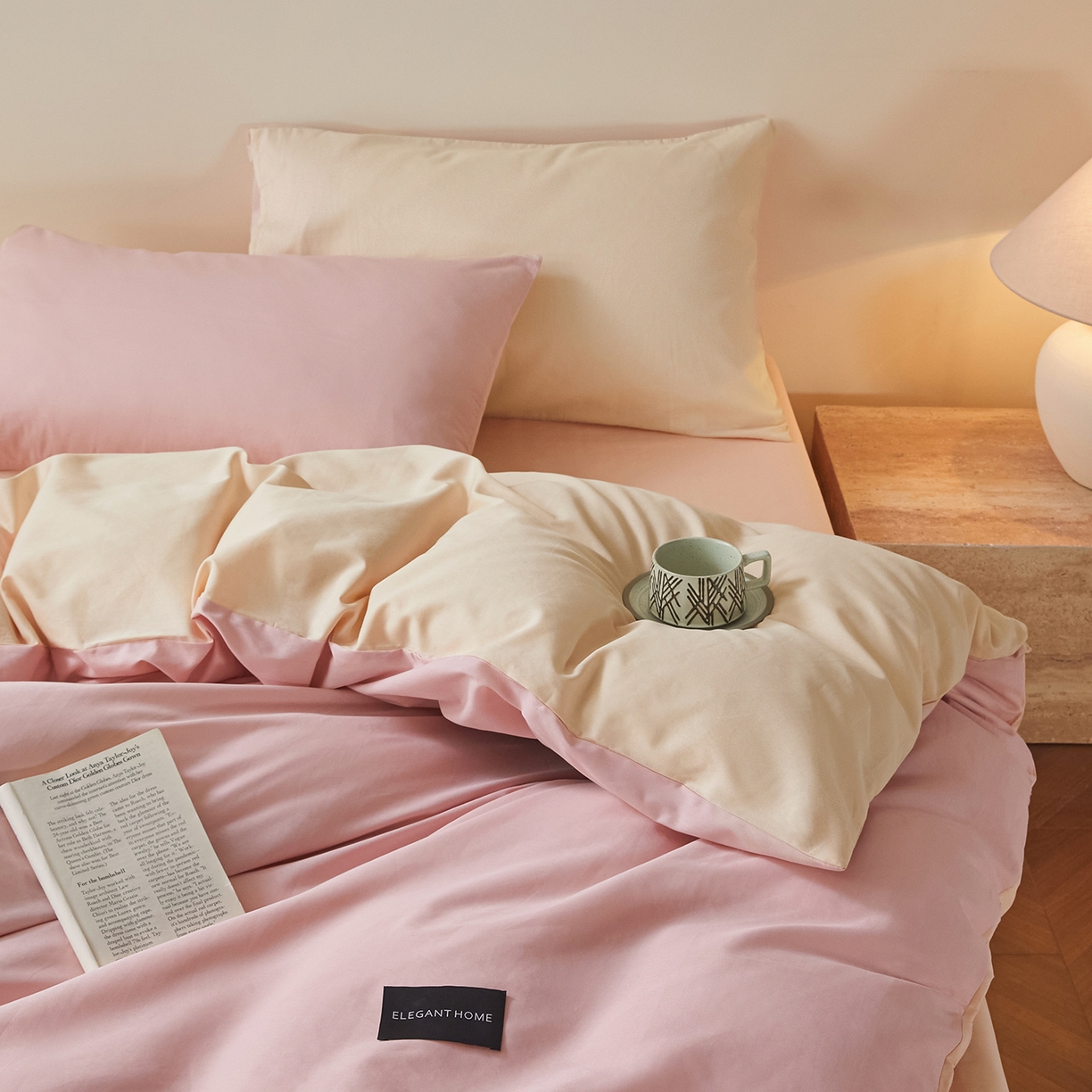 91家纺网 家纺一手货源 找家纺 寐眠 2026新款全棉纯棉纯色双拼四件套 柔粉浅榻