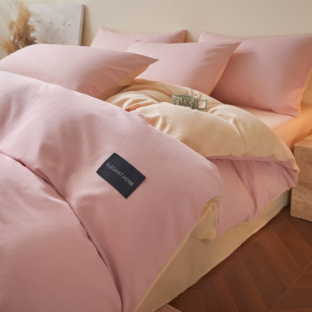 寐眠 2026新款全棉纯棉纯色双拼四件套 柔粉浅榻