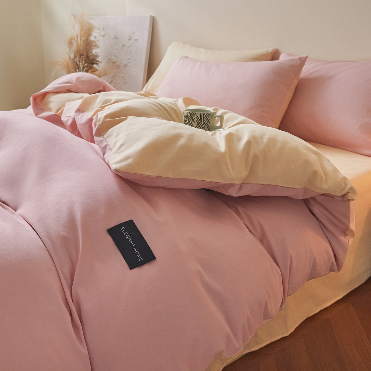 91家纺网 家纺一手货源 找家纺 寐眠 2026新款全棉纯棉纯色双拼四件套 柔粉浅榻