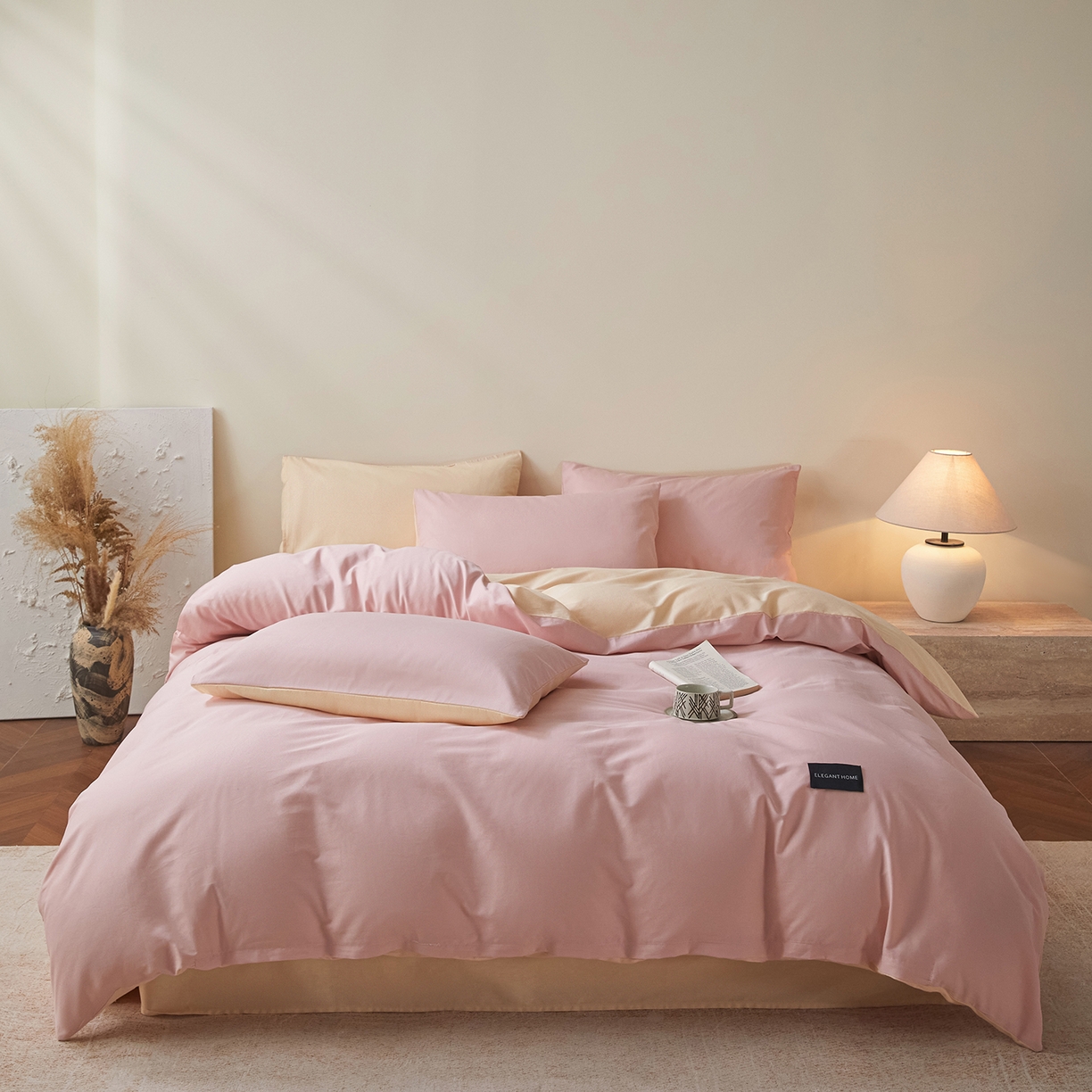 91家纺网 家纺一手货源 找家纺 寐眠 2026新款全棉纯棉纯色双拼四件套 柔粉浅榻