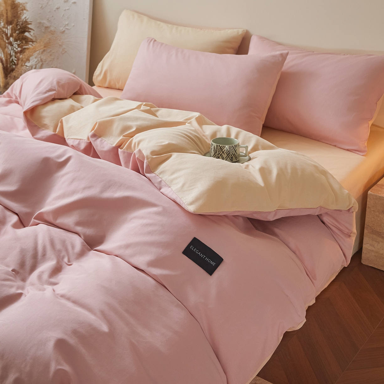 91家纺网 家纺一手货源 找家纺 寐眠 2026新款全棉纯棉纯色双拼四件套 柔粉浅榻