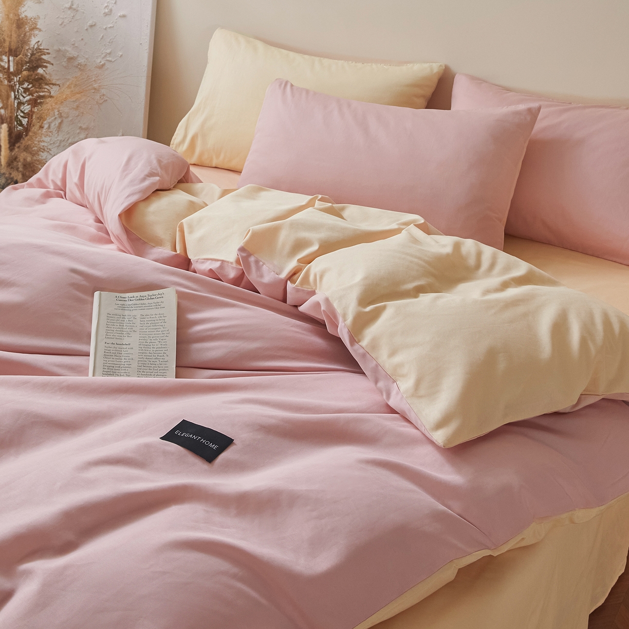 91家纺网 家纺一手货源 找家纺 寐眠 2026新款全棉纯棉纯色双拼四件套 柔粉浅榻