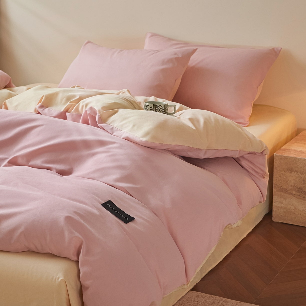 91家纺网 家纺一手货源 找家纺 寐眠 2026新款全棉纯棉纯色双拼四件套 柔粉浅榻