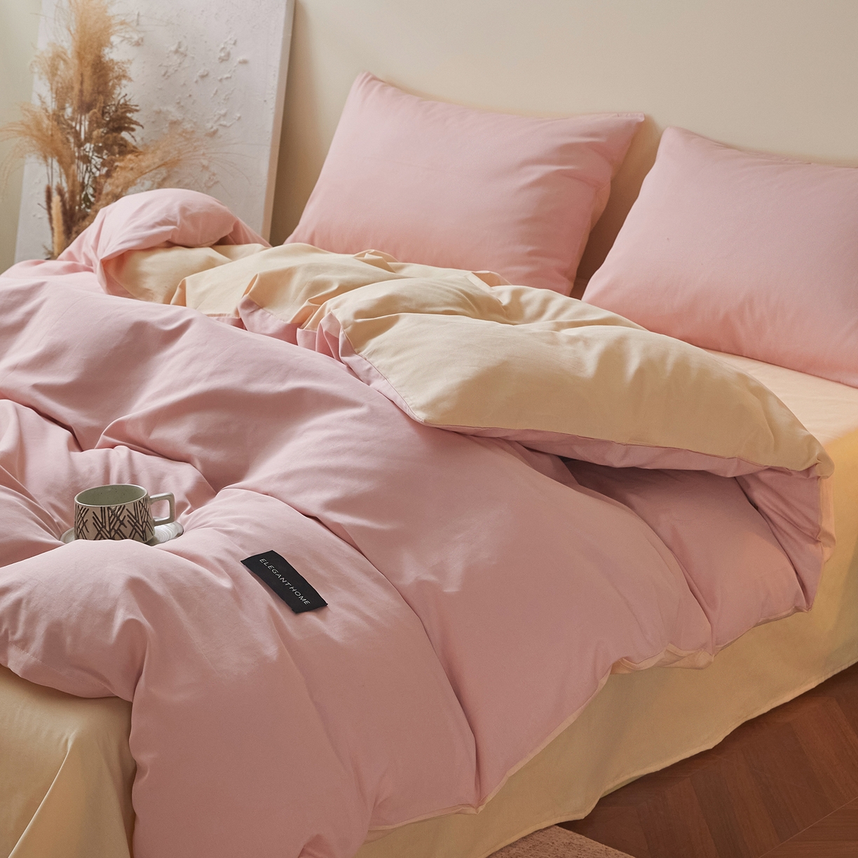 91家纺网 家纺一手货源 找家纺 寐眠 2026新款全棉纯棉纯色双拼四件套 柔粉浅榻