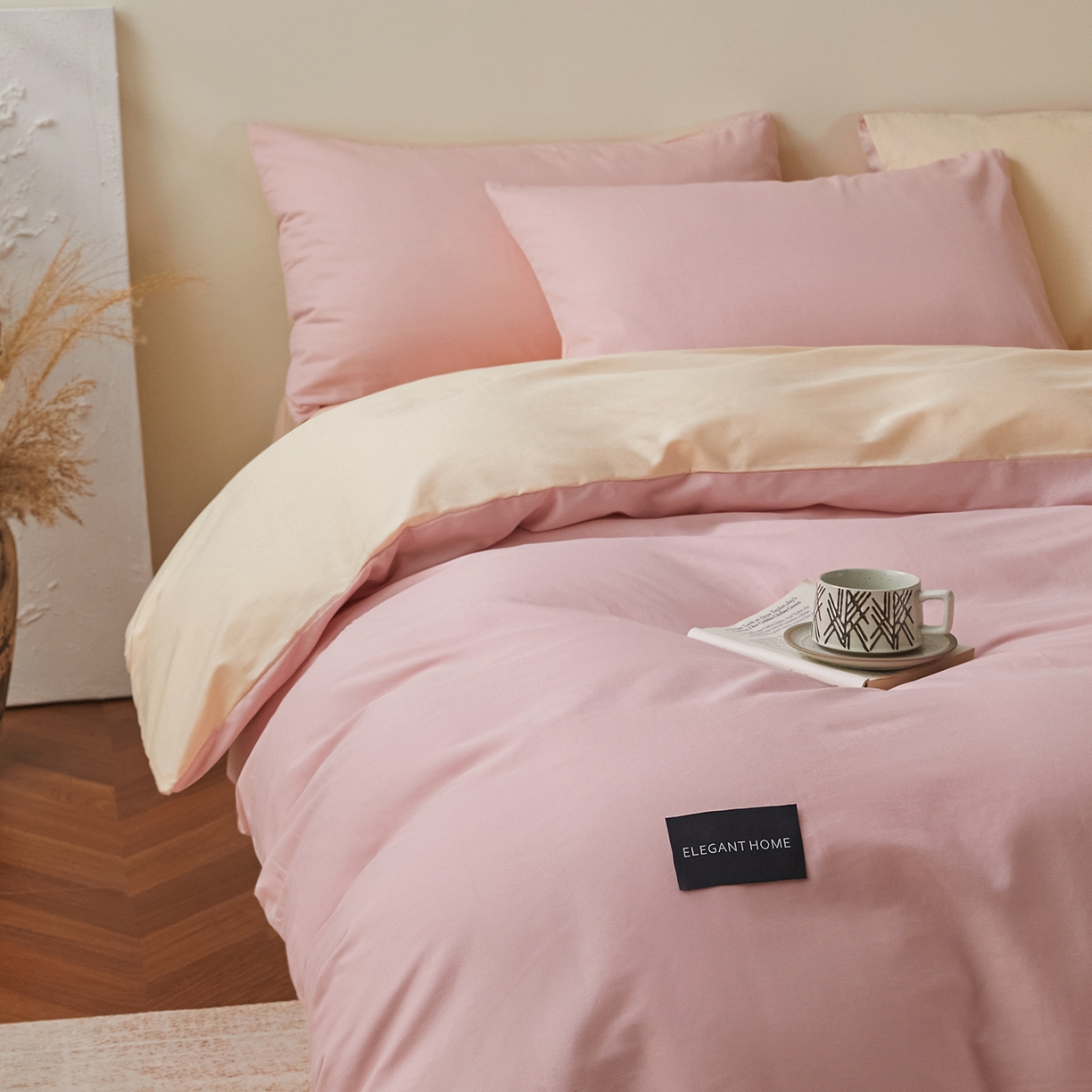 91家纺网 家纺一手货源 找家纺 寐眠 2026新款全棉纯棉纯色双拼四件套 柔粉浅榻