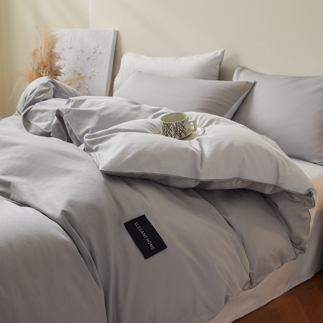 91家纺网 家纺一手货源 找家纺 寐眠 2026新款全棉纯棉纯色双拼四件套 浅灰素影