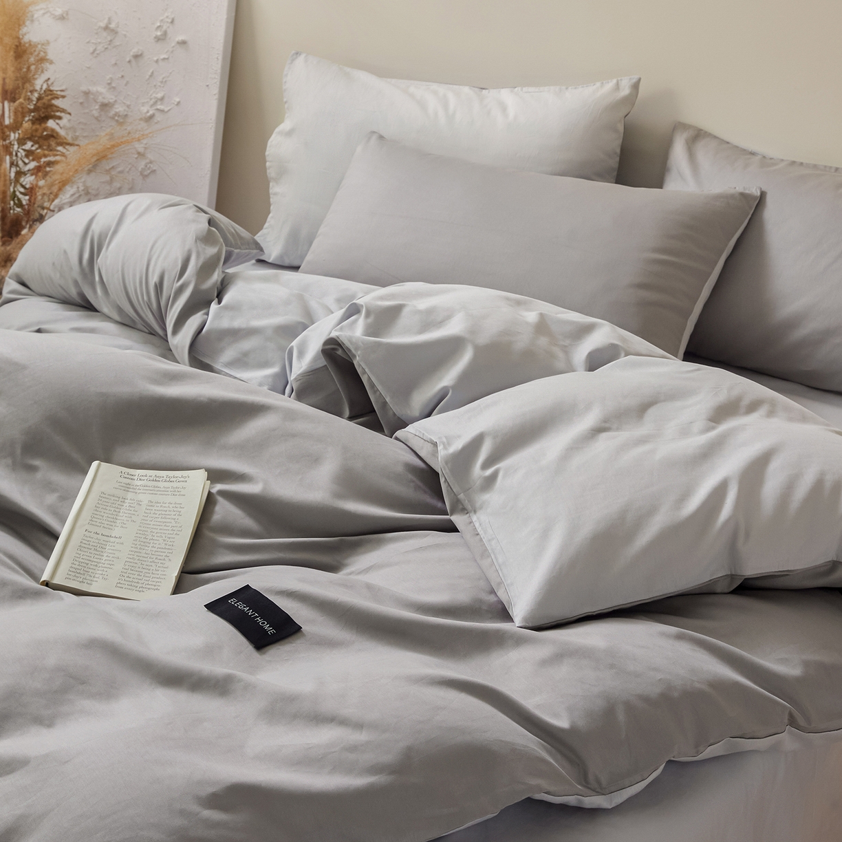 91家纺网 家纺一手货源 找家纺 寐眠 2026新款全棉纯棉纯色双拼四件套 浅灰素影