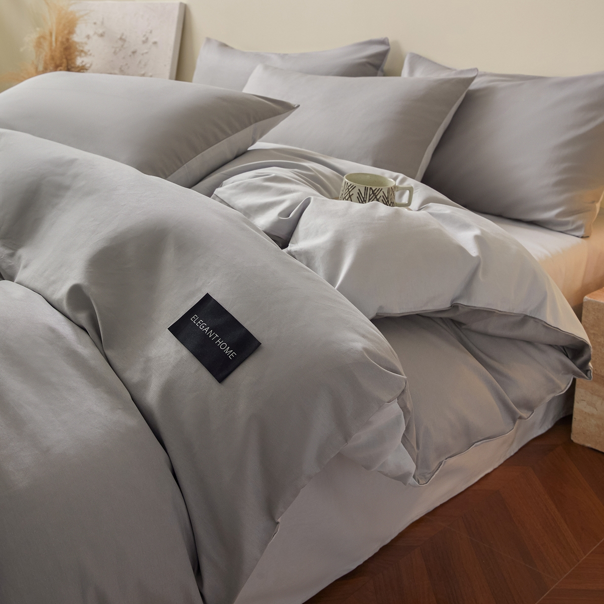 寐眠 2026新款全棉纯棉纯色双拼四件套 浅灰素影