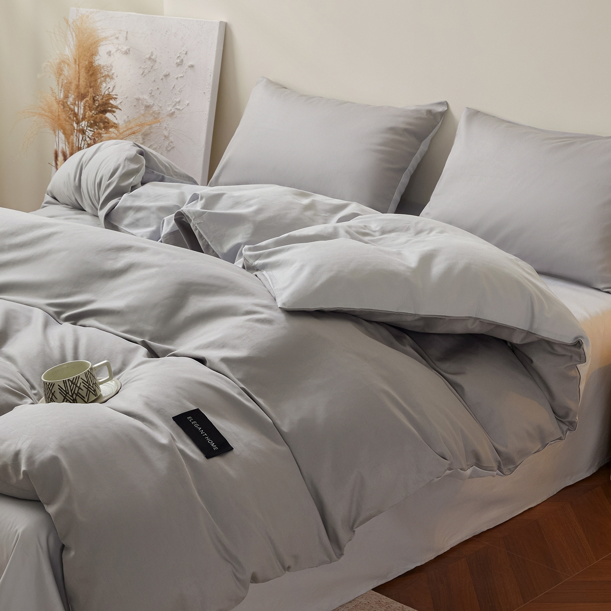 91家纺网 家纺一手货源 找家纺 寐眠 2026新款全棉纯棉纯色双拼四件套 浅灰素影