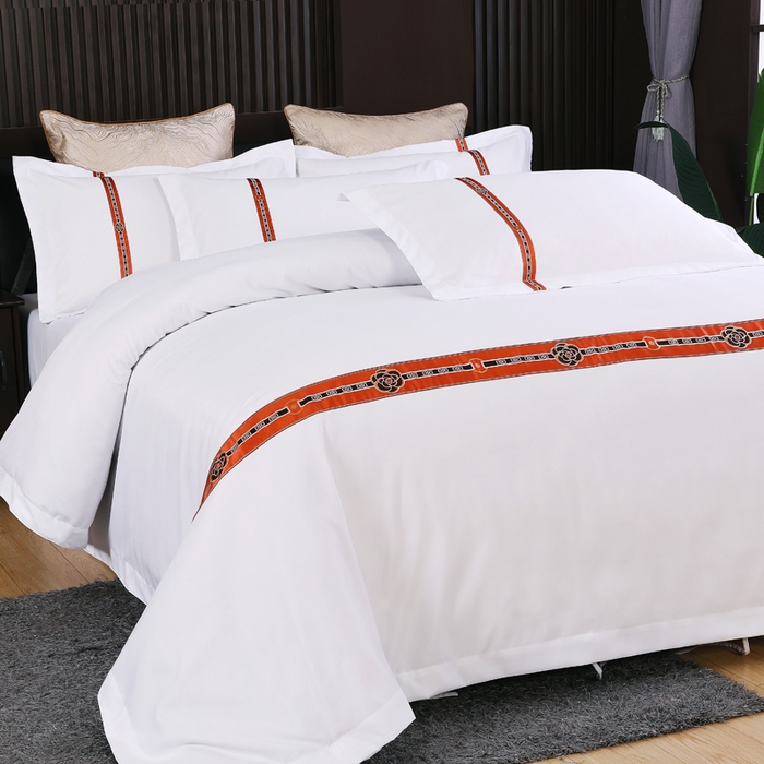 91家纺网 家纺一手货源 找家纺 好杰 2026新款加厚加密酒店布草织带四件套 花开富贵-桔