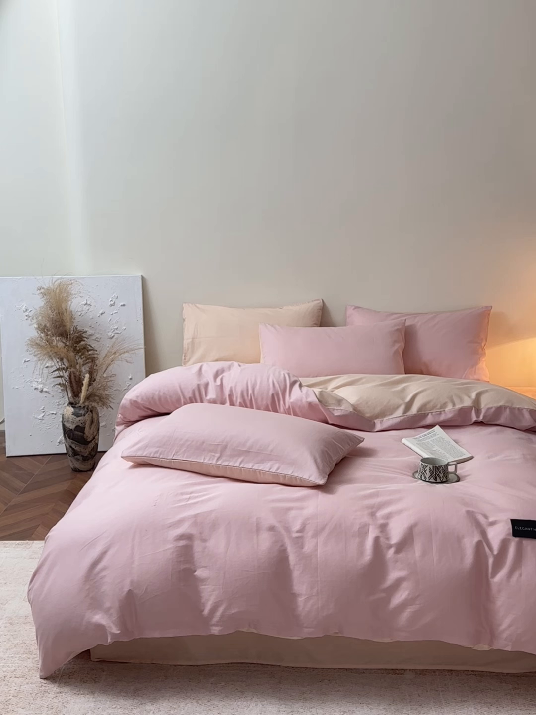 91家纺网 家纺一手货源 找家纺 寐眠 2026新款全棉纯棉纯色双拼四件套 柔粉浅榻