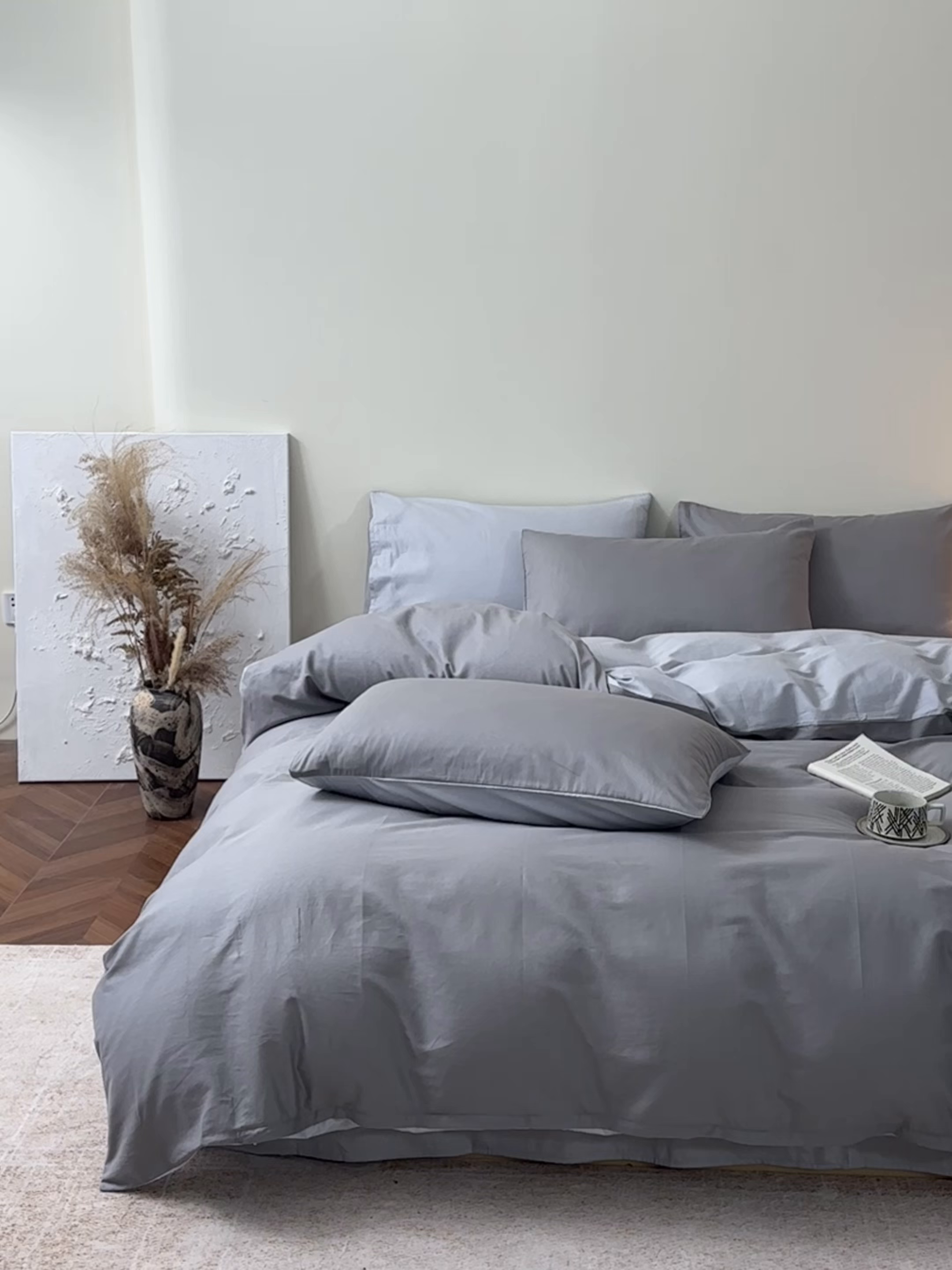 91家纺网 家纺一手货源 找家纺 寐眠 2026新款全棉纯棉纯色双拼四件套 浅灰素影