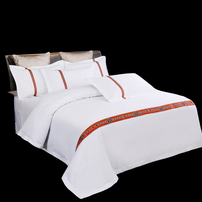 91家纺网 家纺一手货源 找家纺 好杰 2026新款加厚加密酒店布草织带四件套 花开富贵-桔