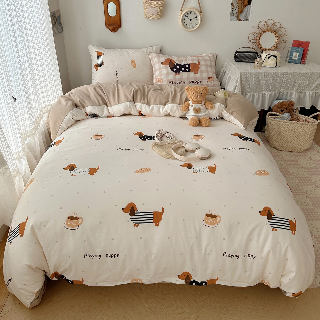 91家纺网 家纺一手货源 找家纺 （总）桃心家居 2026新款A类亲肤舒适软糯云柔水洗棉少女卡通格子混搭毛巾绣水洗棉系列四件套