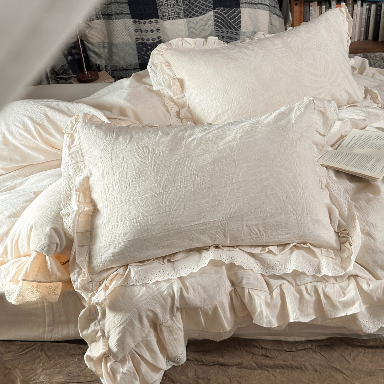 91家纺网 家纺一手货源 找家纺 壹和 2026新款A类双层花边棉麻四件套 仲夏叶