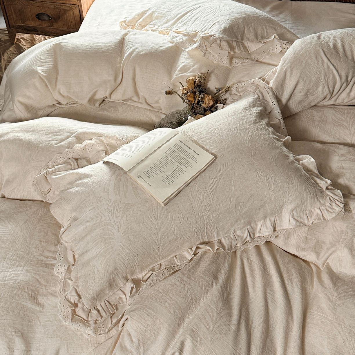 91家纺网 家纺一手货源 找家纺 壹和 2026新款A类双层花边棉麻四件套 仲夏叶