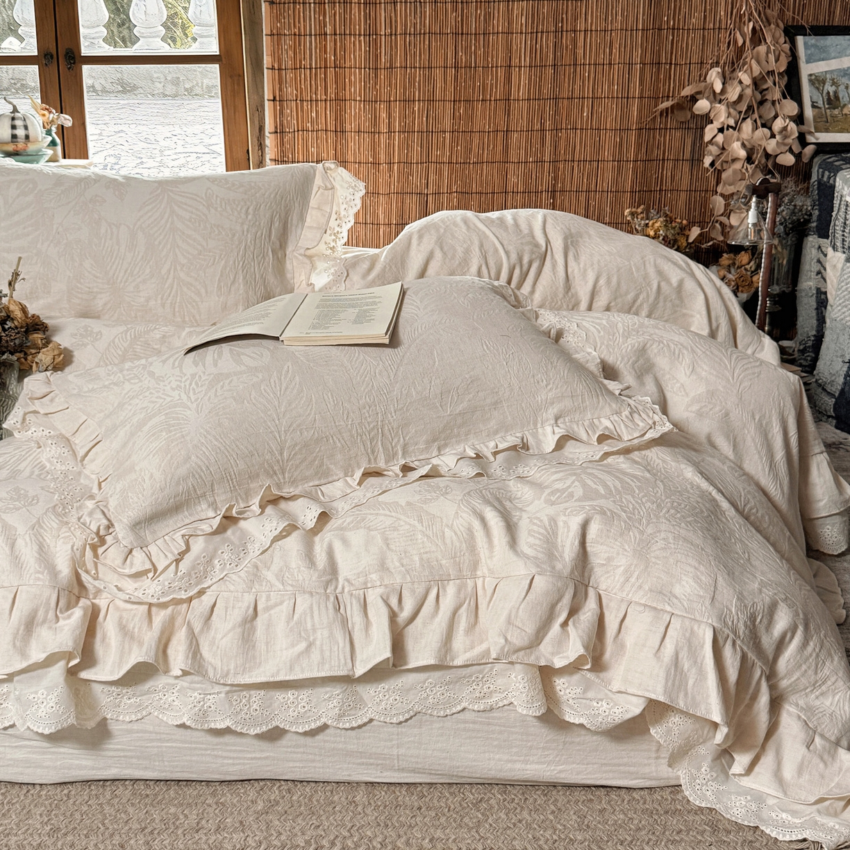 91家纺网 家纺一手货源 找家纺 壹和 2026新款A类双层花边棉麻四件套 仲夏叶