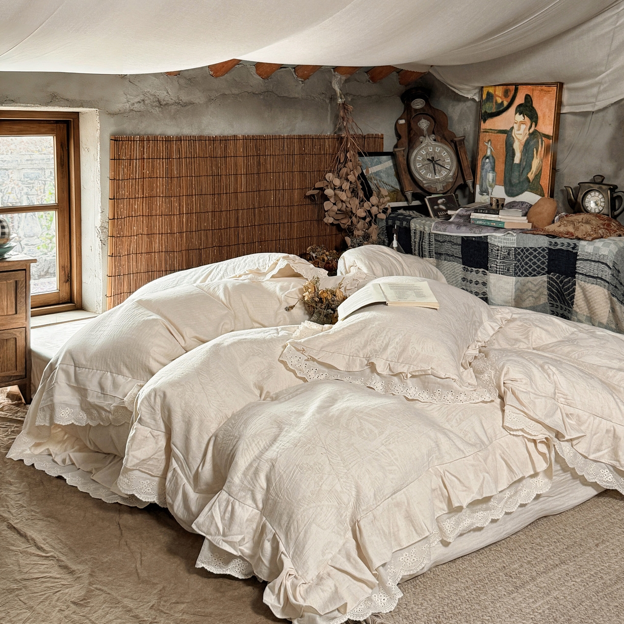 91家纺网 家纺一手货源 找家纺 壹和 2026新款A类双层花边棉麻四件套 仲夏叶