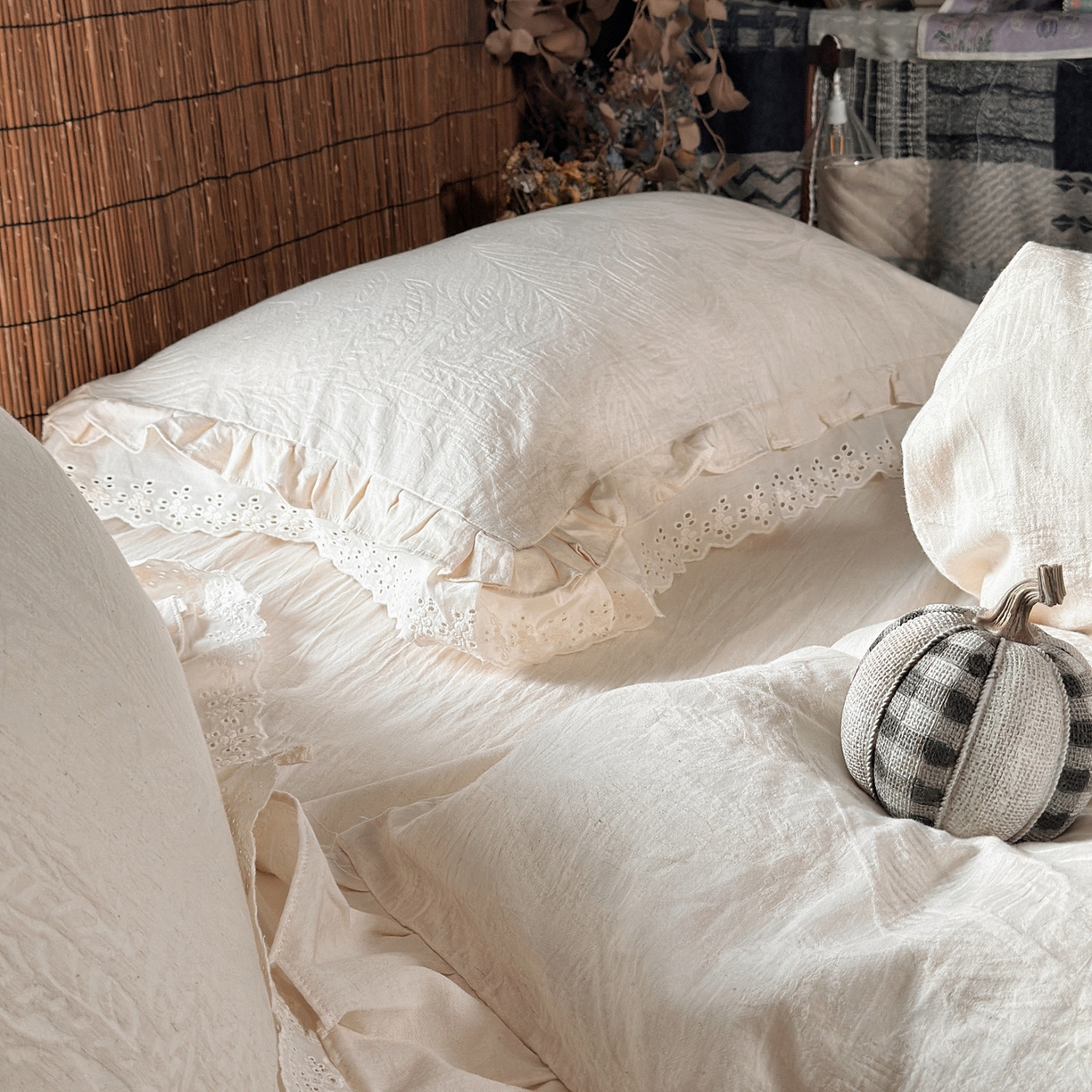 91家纺网 家纺一手货源 找家纺 壹和 2026新款A类双层花边棉麻四件套 仲夏叶