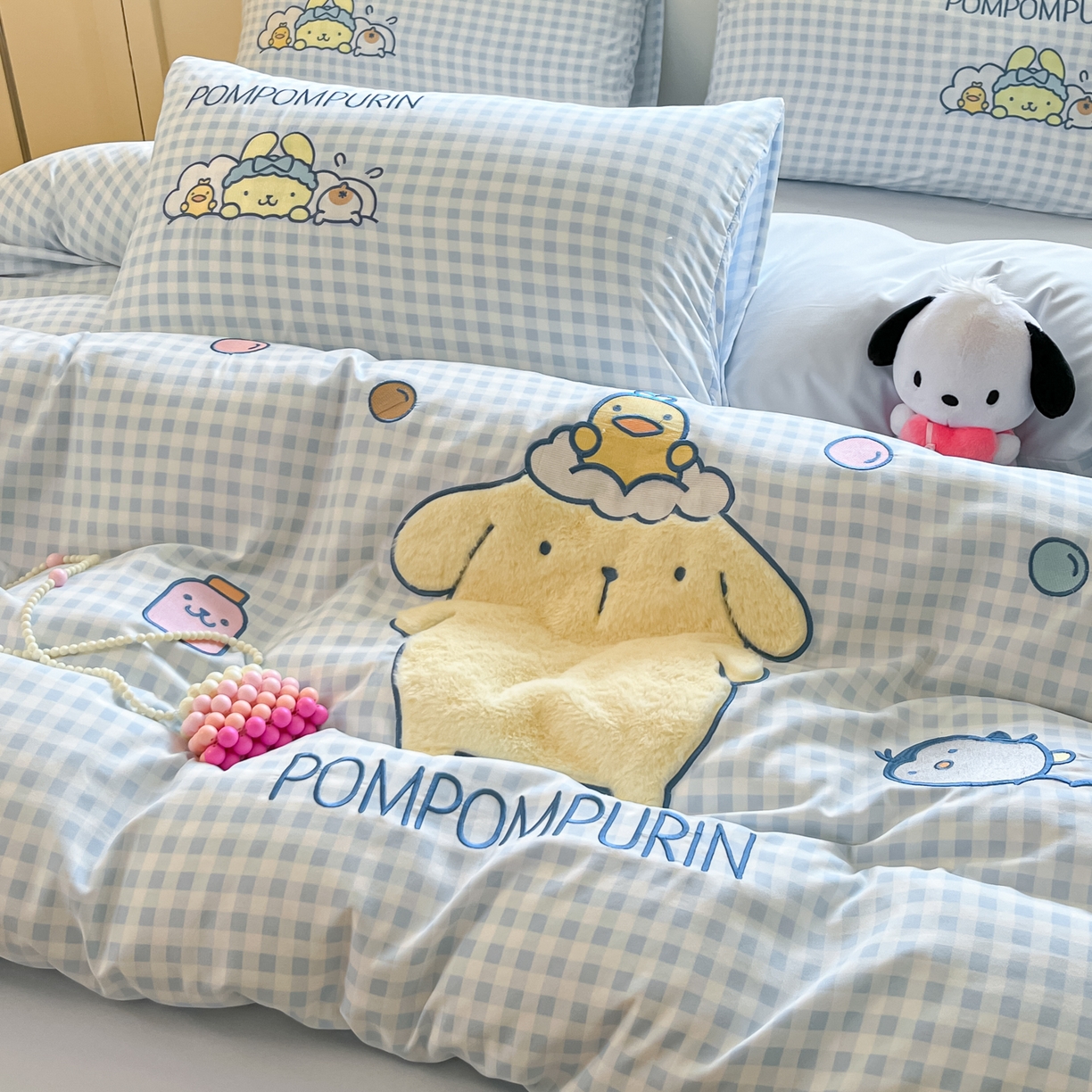 91家纺网 家纺一手货源 找家纺 桃心家居 2026新款A类三丽鸥正版授权云柔水洗棉兔毛贴布绣刺绣软糯系列四件套 云柔水洗棉-贴布绣萌萌布丁狗