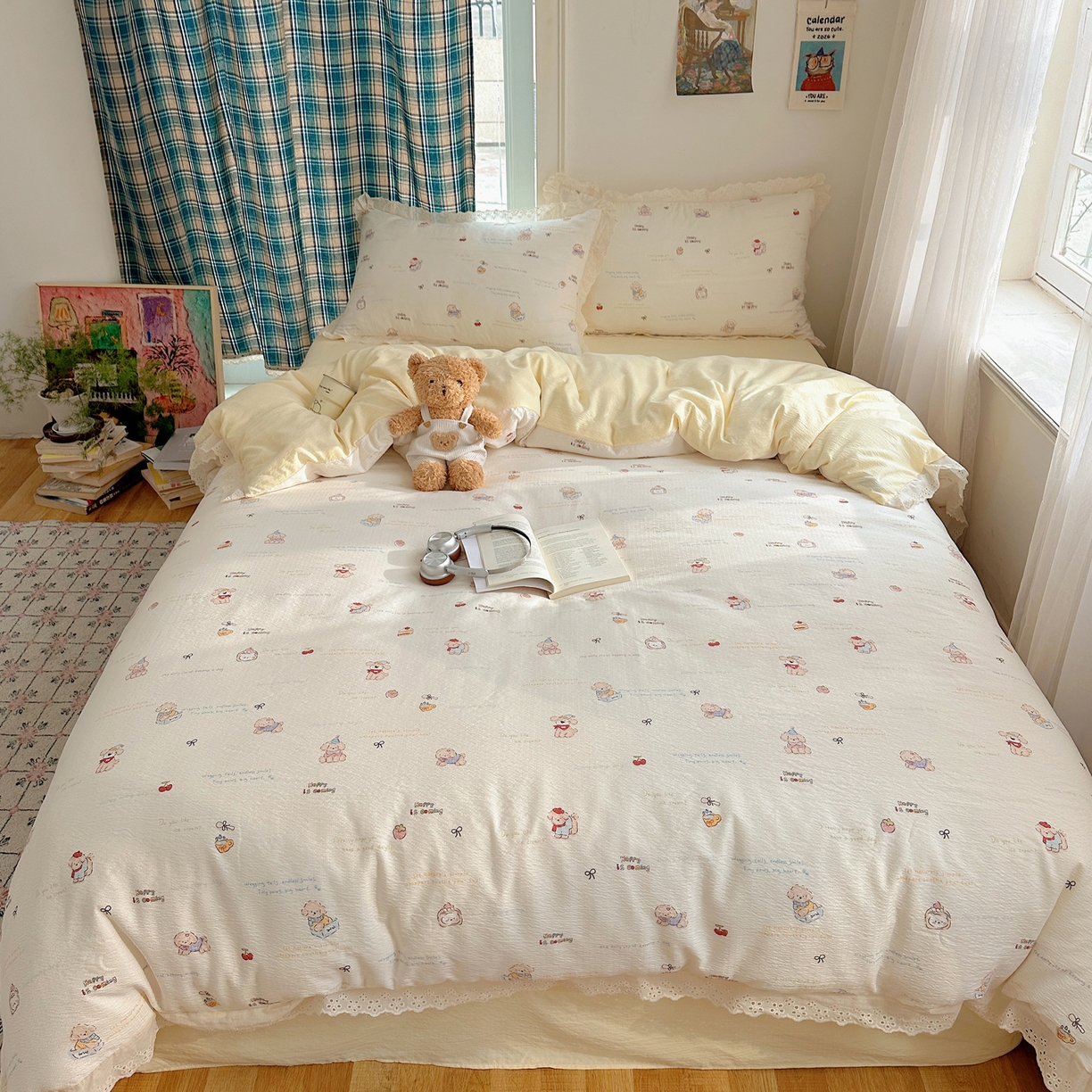 91家纺网 家纺一手货源 找家纺 （总）一比一家纺 2026新款彩色花边木棉皱皱纱四件套