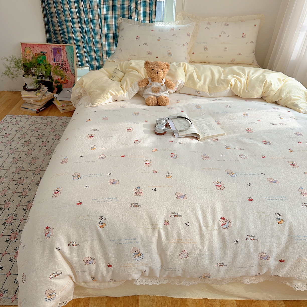 91家纺网 家纺一手货源 找家纺 （总）一比一家纺 2026新款彩色花边木棉皱皱纱四件套