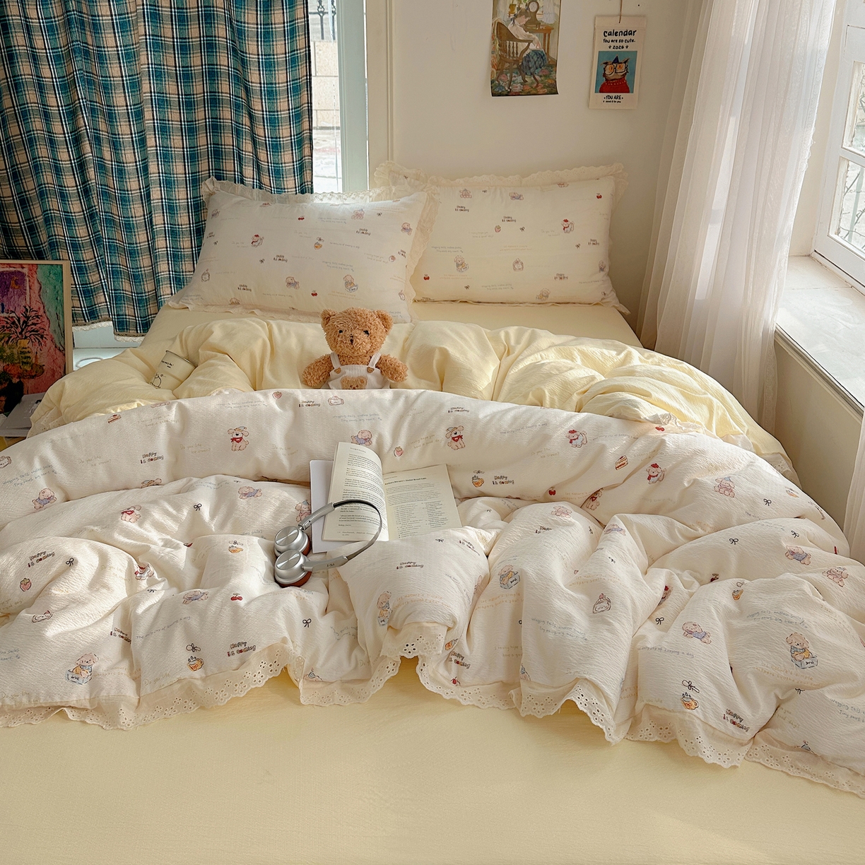 91家纺网 家纺一手货源 找家纺 （总）一比一家纺 2026新款彩色花边木棉皱皱纱四件套