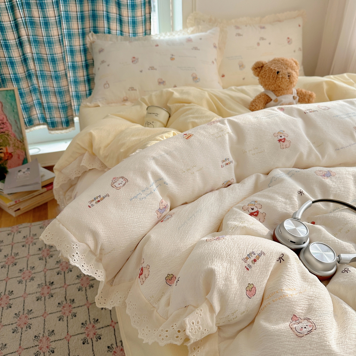 91家纺网 家纺一手货源 找家纺 （总）一比一家纺 2026新款彩色花边木棉皱皱纱四件套