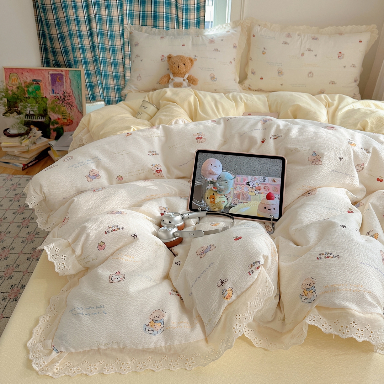 91家纺网 家纺一手货源 找家纺 （总）一比一家纺 2026新款彩色花边木棉皱皱纱四件套