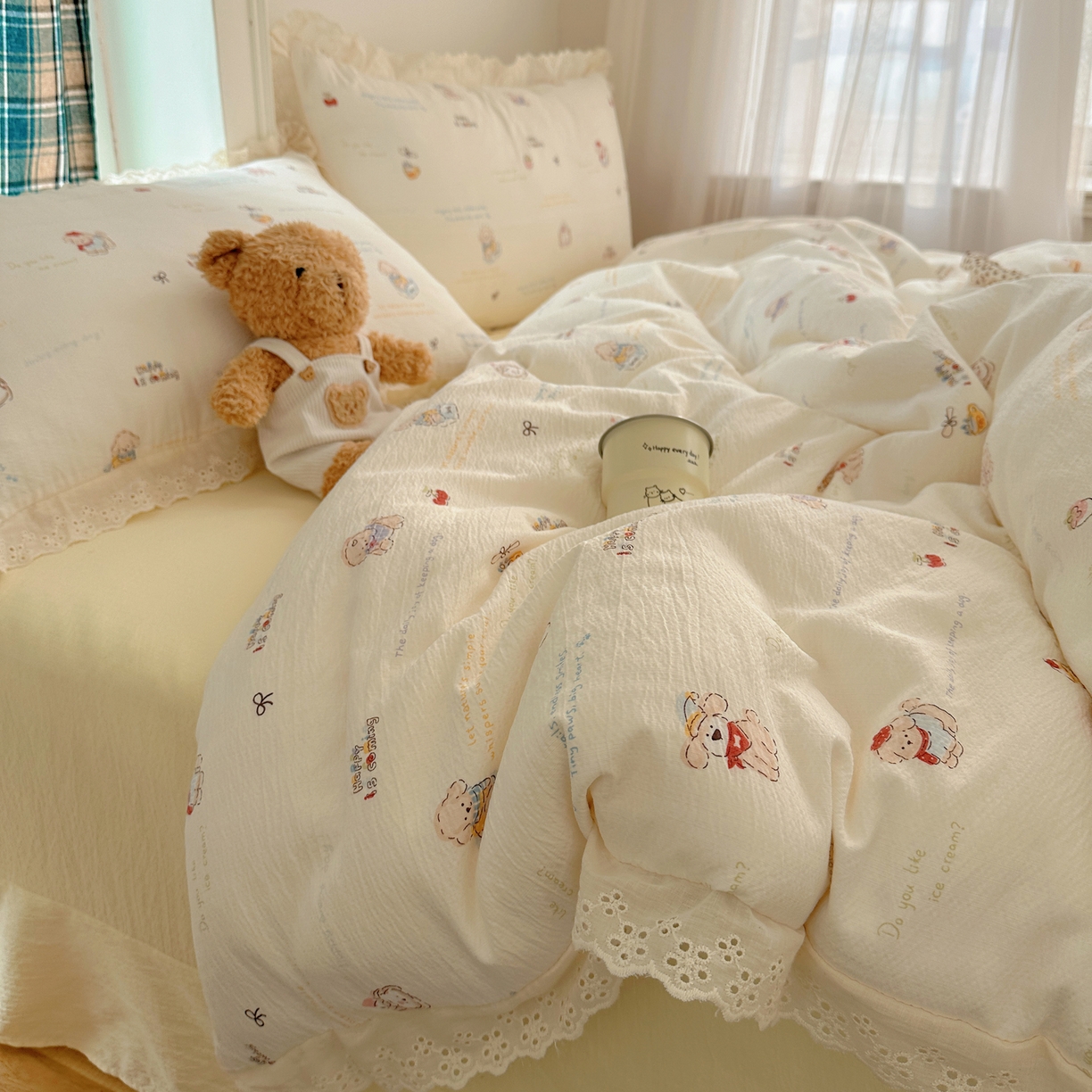 91家纺网 家纺一手货源 找家纺 （总）一比一家纺 2026新款彩色花边木棉皱皱纱四件套