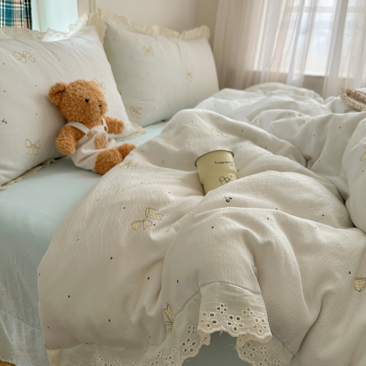 91家纺网 家纺一手货源 找家纺 （总）一比一家纺 2026新款彩色花边木棉皱皱纱四件套