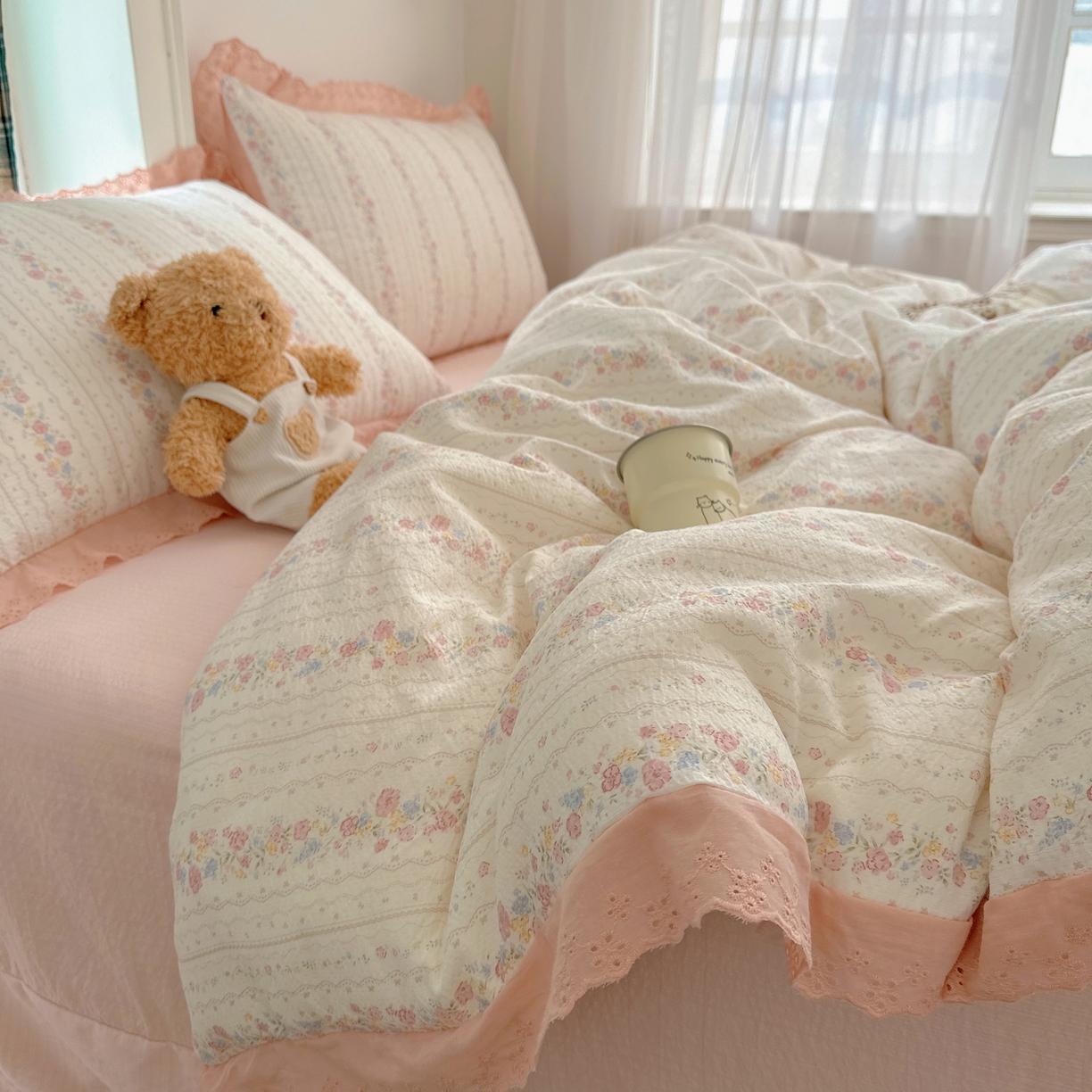 91家纺网 家纺一手货源 找家纺 （总）一比一家纺 2026新款彩色花边木棉皱皱纱四件套