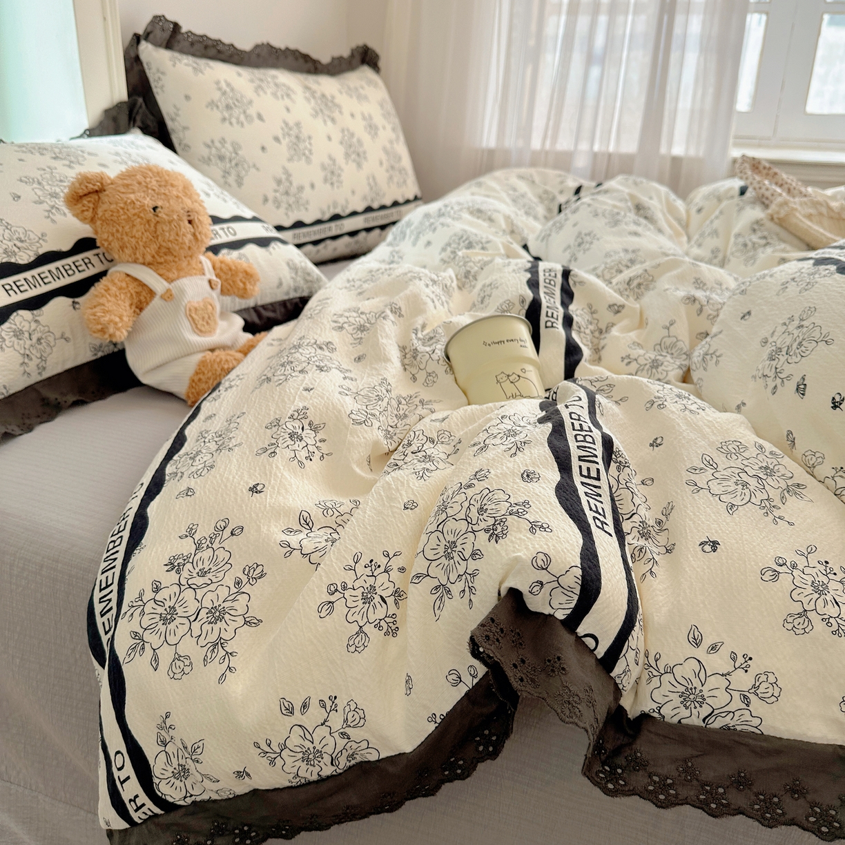 91家纺网 家纺一手货源 找家纺 （总）一比一家纺 2026新款彩色花边木棉皱皱纱四件套