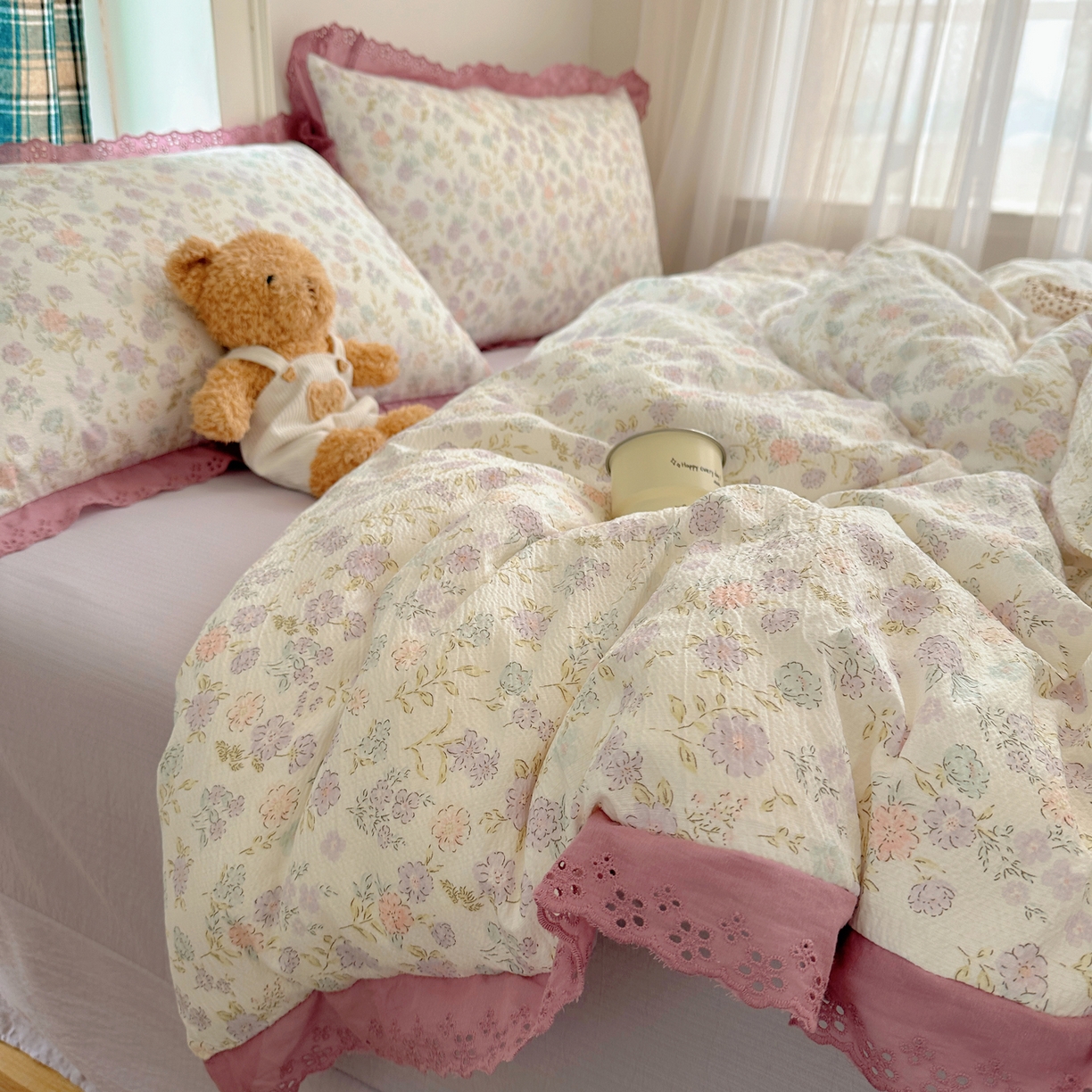 91家纺网 家纺一手货源 找家纺 （总）一比一家纺 2026新款彩色花边木棉皱皱纱四件套