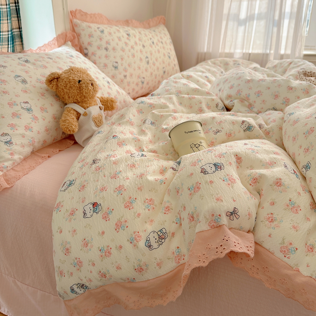 91家纺网 家纺一手货源 找家纺 （总）一比一家纺 2026新款彩色花边木棉皱皱纱四件套