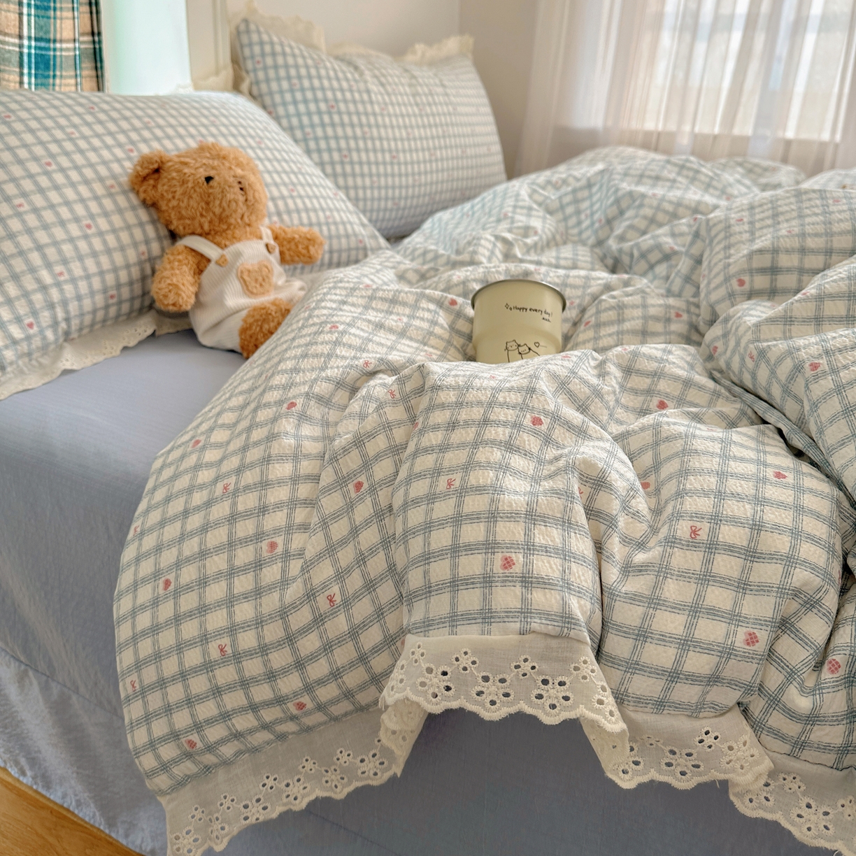 91家纺网 家纺一手货源 找家纺 （总）一比一家纺 2026新款彩色花边木棉皱皱纱四件套