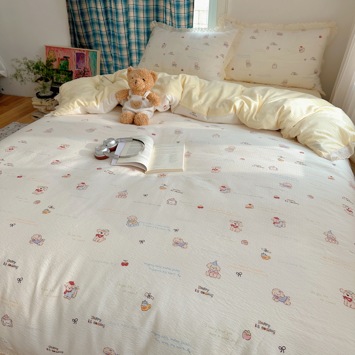 91家纺网 家纺一手货源 找家纺 一比一家纺 2026新款彩色花边木棉皱皱纱四件套 阿吉豆