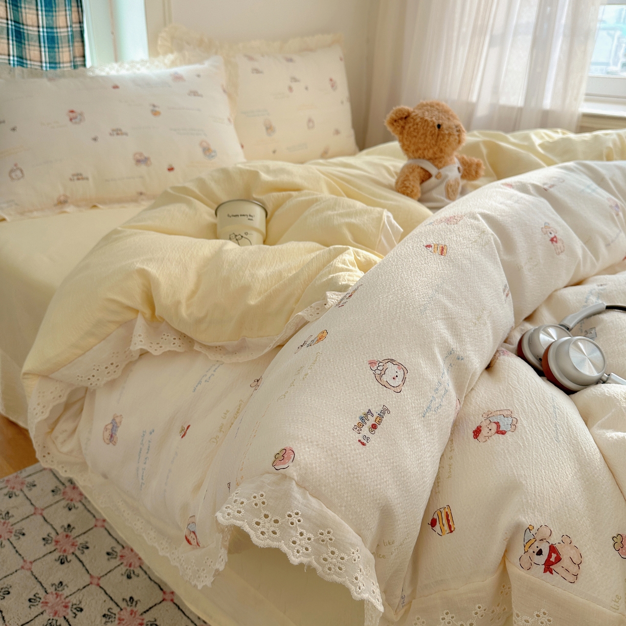 91家纺网 家纺一手货源 找家纺 一比一家纺 2026新款彩色花边木棉皱皱纱四件套 阿吉豆