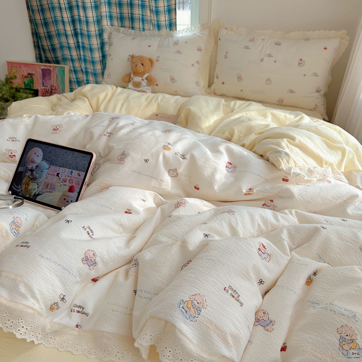 91家纺网 家纺一手货源 找家纺 一比一家纺 2026新款彩色花边木棉皱皱纱四件套 阿吉豆