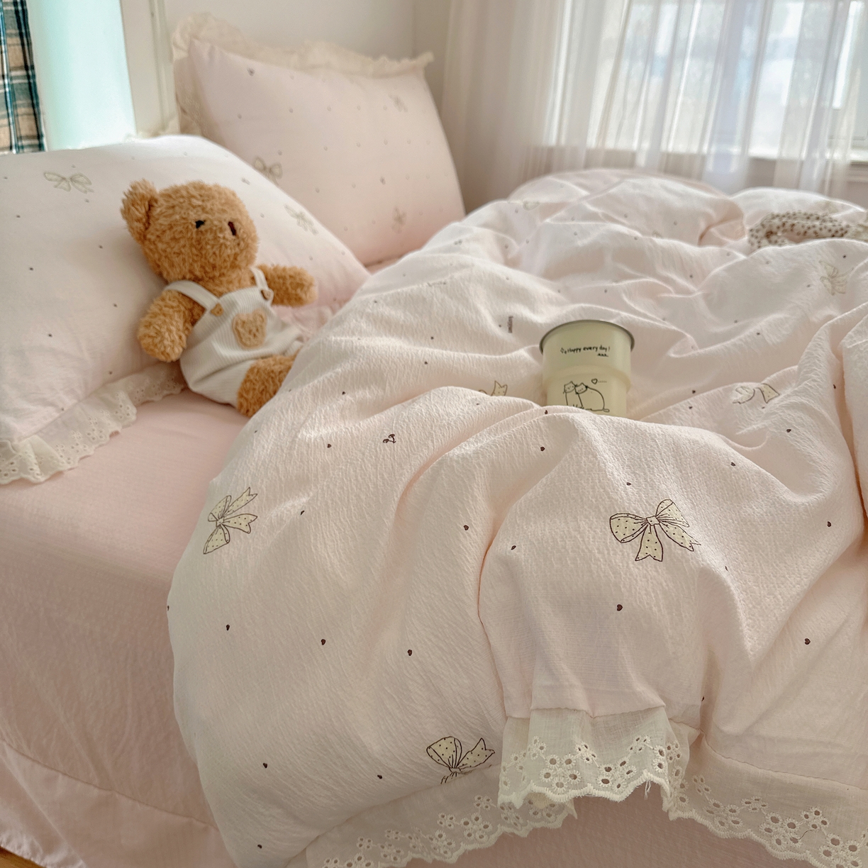 一比一家纺 2026新款彩色花边木棉皱皱纱四件套 初心粉