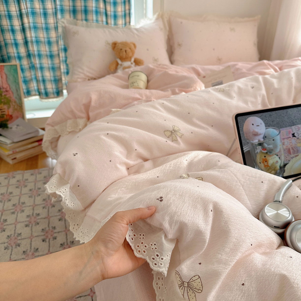 91家纺网 家纺一手货源 找家纺 一比一家纺 2026新款彩色花边木棉皱皱纱四件套 初心粉