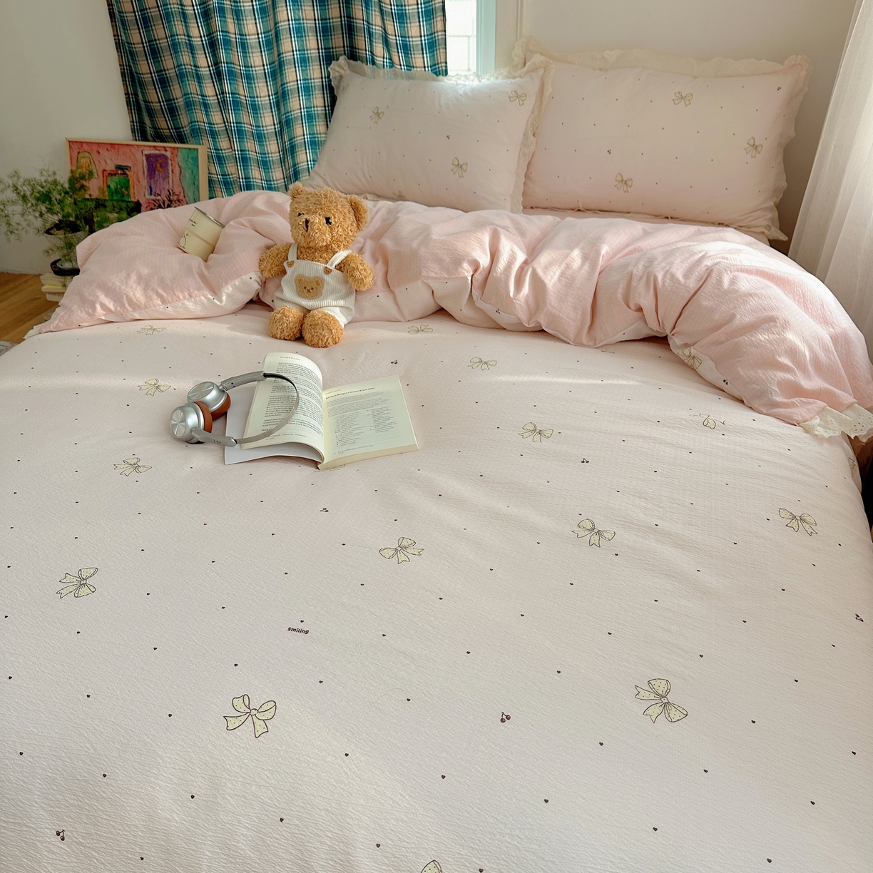 91家纺网 家纺一手货源 找家纺 一比一家纺 2026新款彩色花边木棉皱皱纱四件套 初心粉