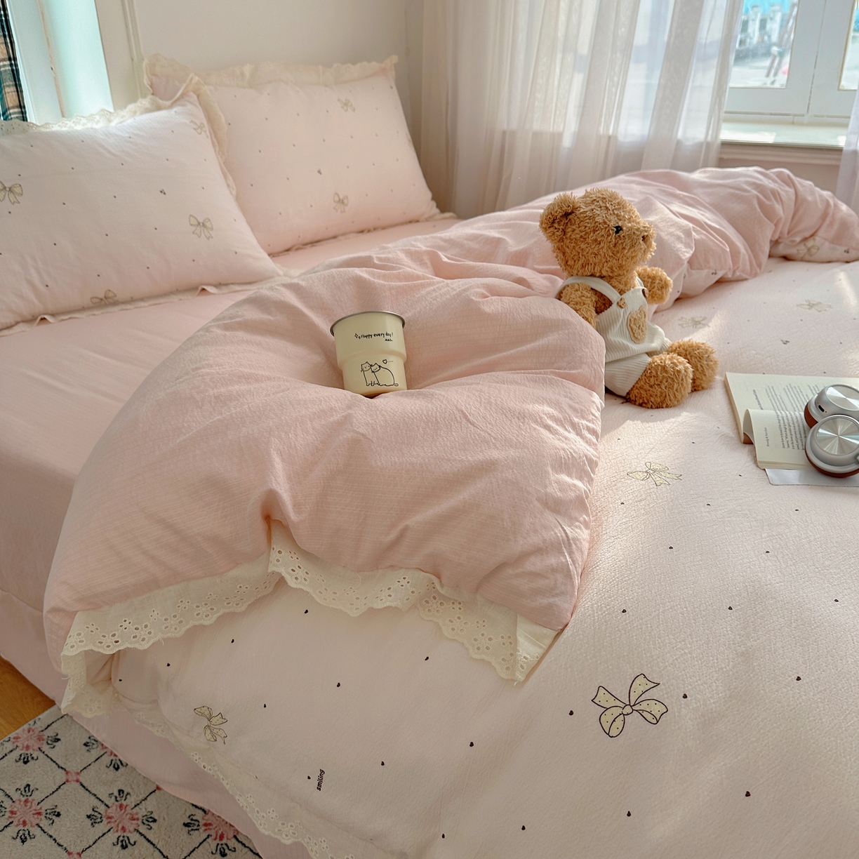 91家纺网 家纺一手货源 找家纺 一比一家纺 2026新款彩色花边木棉皱皱纱四件套 初心粉