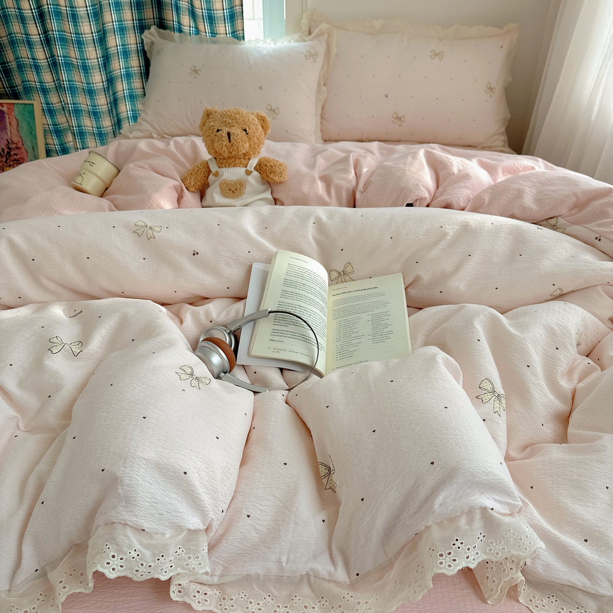 91家纺网 家纺一手货源 找家纺 一比一家纺 2026新款彩色花边木棉皱皱纱四件套 初心粉