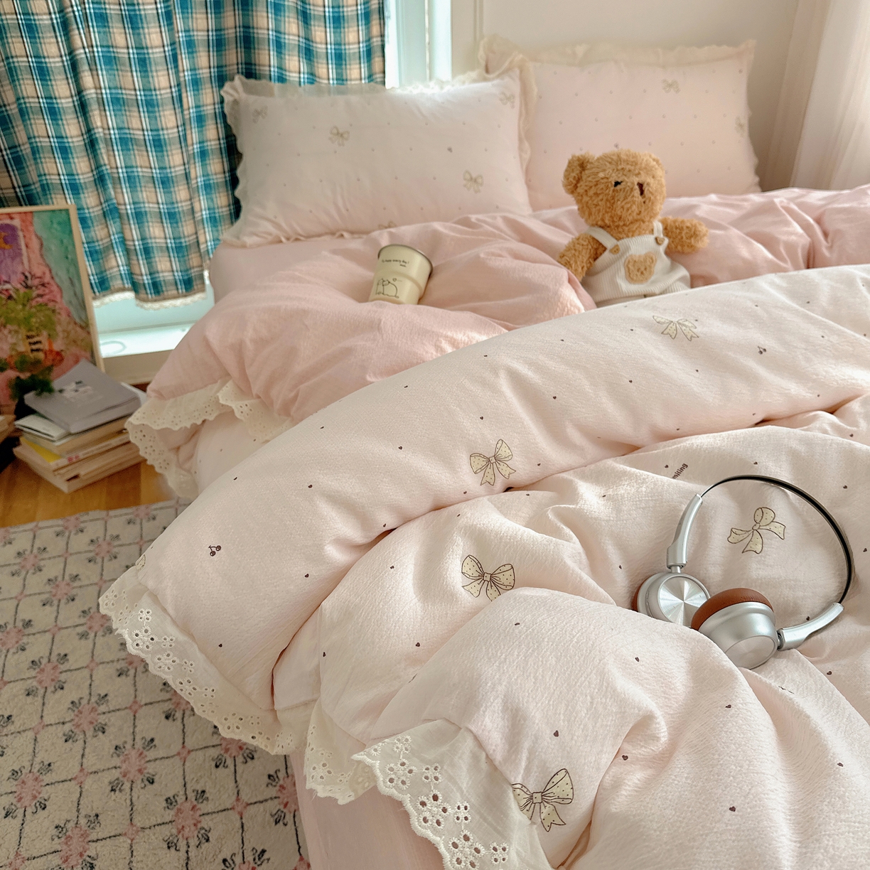 91家纺网 家纺一手货源 找家纺 一比一家纺 2026新款彩色花边木棉皱皱纱四件套 初心粉