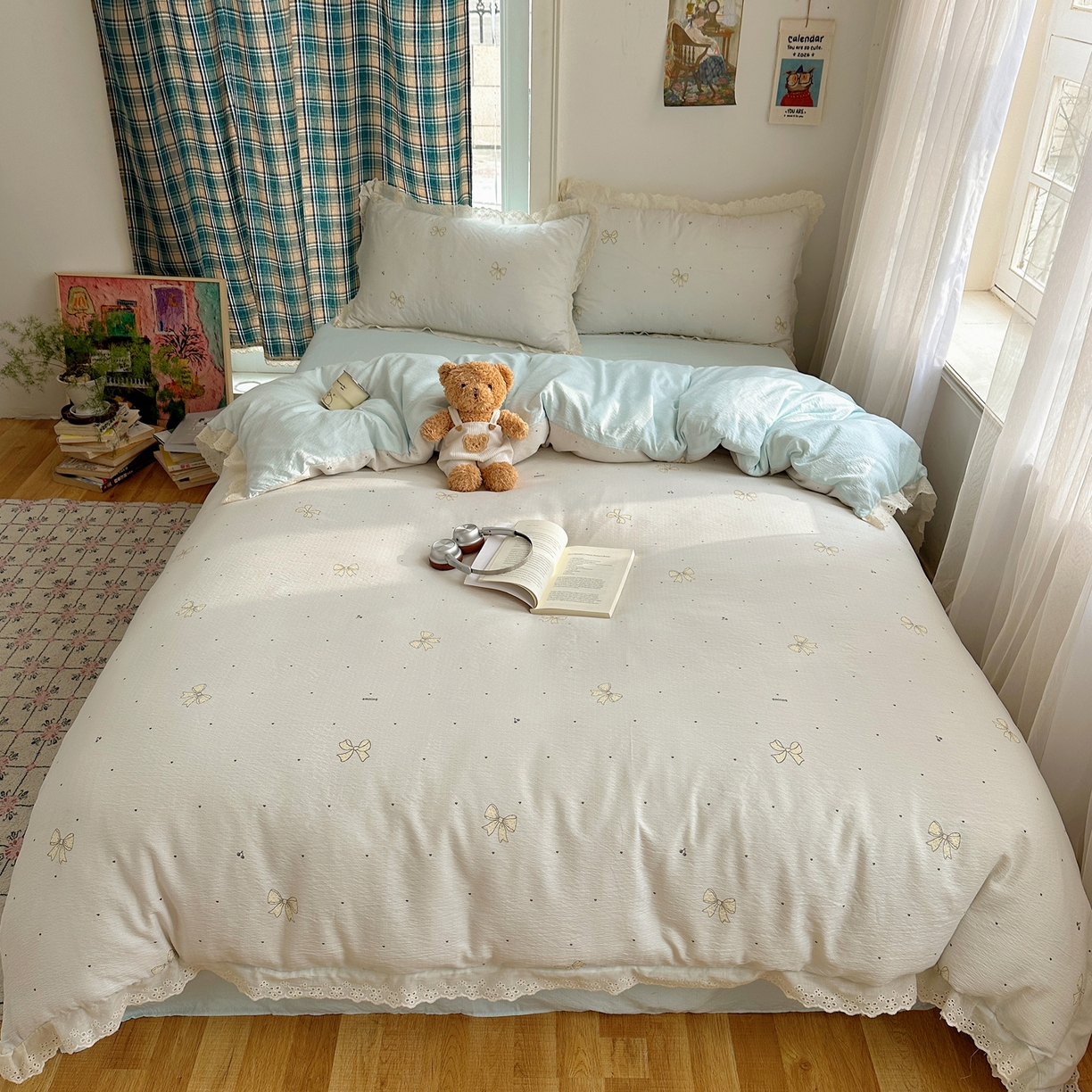 91家纺网 家纺一手货源 找家纺 一比一家纺 2026新款彩色花边木棉皱皱纱四件套 初心蓝