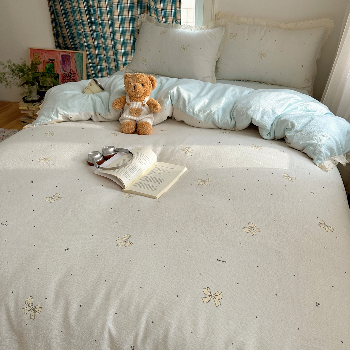 91家纺网 家纺一手货源 找家纺 一比一家纺 2026新款彩色花边木棉皱皱纱四件套 初心蓝