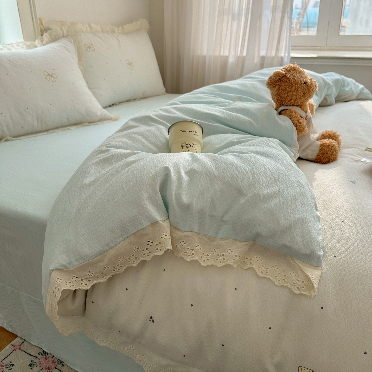 91家纺网 家纺一手货源 找家纺 一比一家纺 2026新款彩色花边木棉皱皱纱四件套 初心蓝