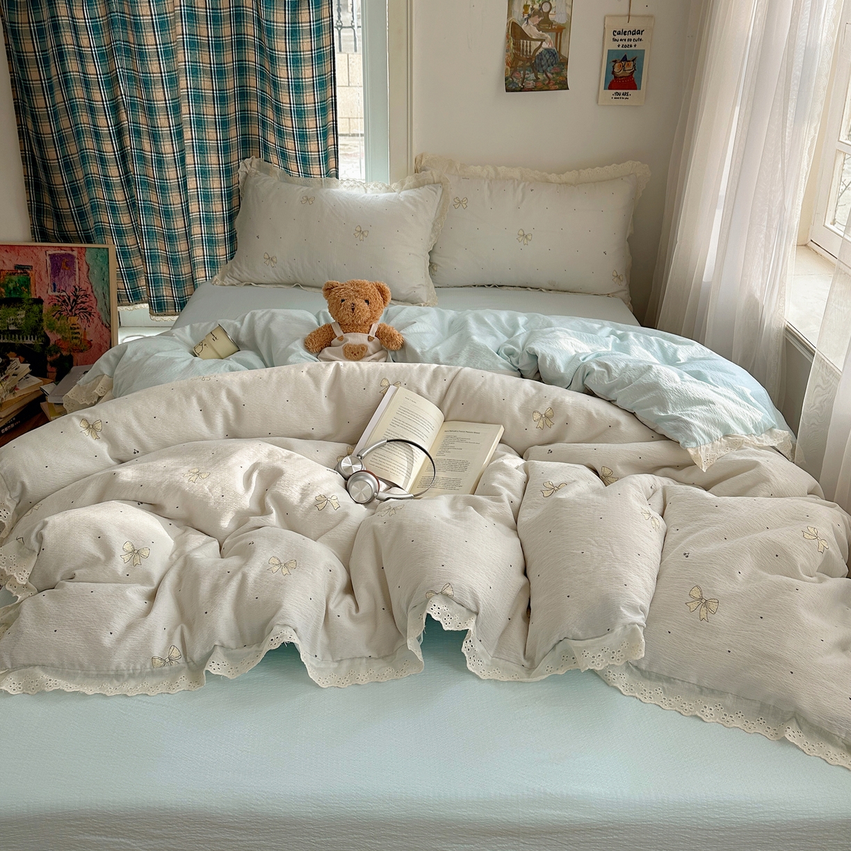 91家纺网 家纺一手货源 找家纺 一比一家纺 2026新款彩色花边木棉皱皱纱四件套 初心蓝